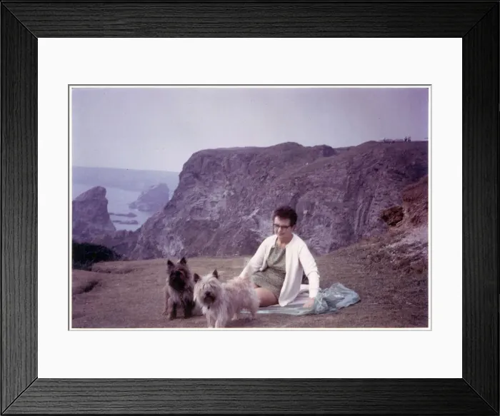 Framed Print : A lady with her two pet terriers - Rocky British coast Framed Print : A lady with her two pet terriers - Rocky British coast