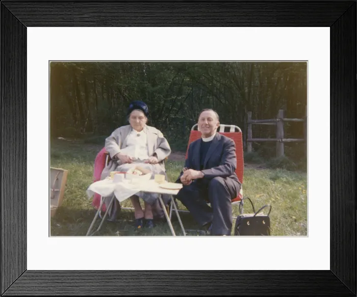 Framed Print : Vicar and elderly parishioner having a picnic tea Framed Print : Vicar and elderly parishioner having a picnic tea