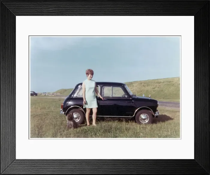 Framed Print : Young lady, terrier and Mini Cooper car Framed Print : Young lady, terrier and Mini Cooper car