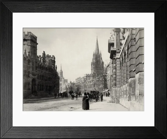 Framed Print : High Street, Oxford, spires, pedestrians, carriages Framed Print : High Street, Oxford, spires, pedestrians, carriages