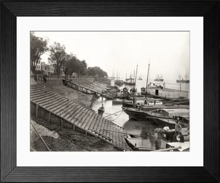 Framed Print : Boats tied up along waterfront, Hankow Hankou China Framed Print : Boats tied up along waterfront, Hankow Hankou China