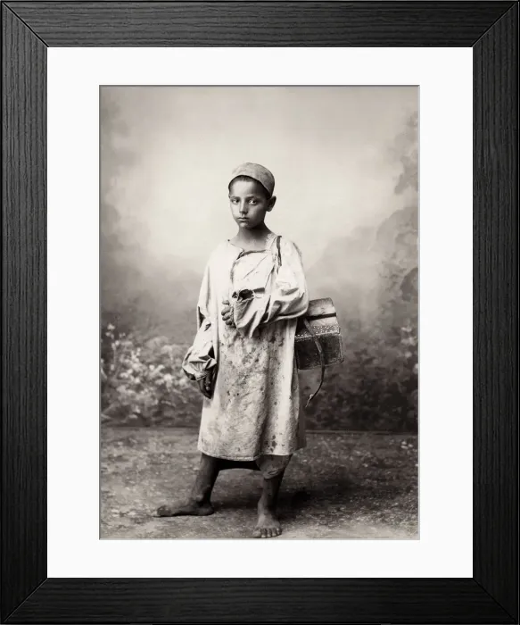 Framed Print : Barefoot shoeshine boy, North Africa, possibly Egypt c. 1880s Framed Print : Barefoot shoeshine boy, North Africa, possibly Egypt c. 1880s
