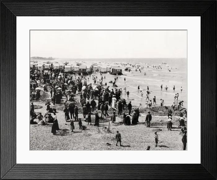 Framed Print : Tourist & bathers, bathing cars on beach at Ostend, Belgium Framed Print : Tourist & bathers, bathing cars on beach at Ostend, Belgium