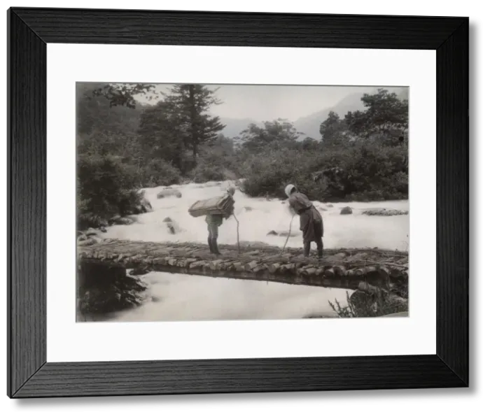 Framed Print : Porters on a bridge over the Daiya River, Nikko, Japan Framed Print : Porters on a bridge over the Daiya River, Nikko, Japan