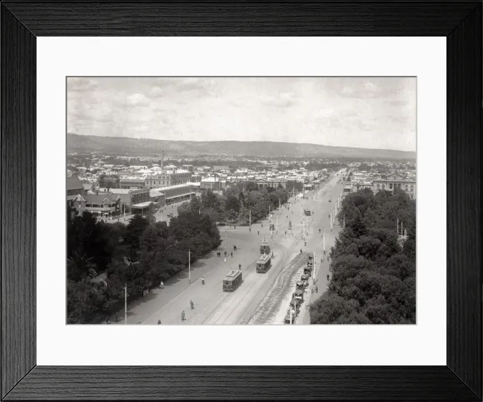 Framed Print : Adelaide Australia, c. 1900-1910 city from GPO tower, trams Framed Print : Adelaide Australia, c. 1900-1910 city from GPO tower, trams