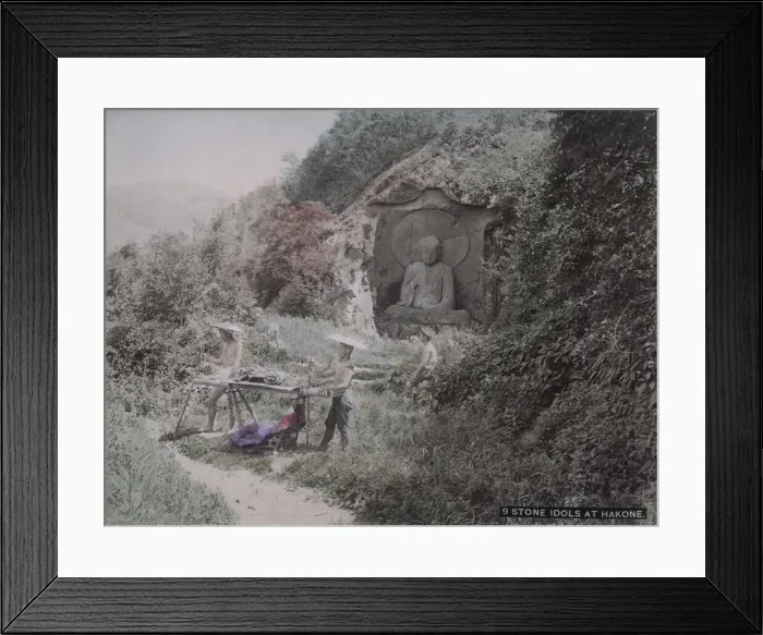 Framed Print : Stone idols statues Hakone, woman in carrying chair, kago Framed Print : Stone idols statues Hakone, woman in carrying chair, kago
