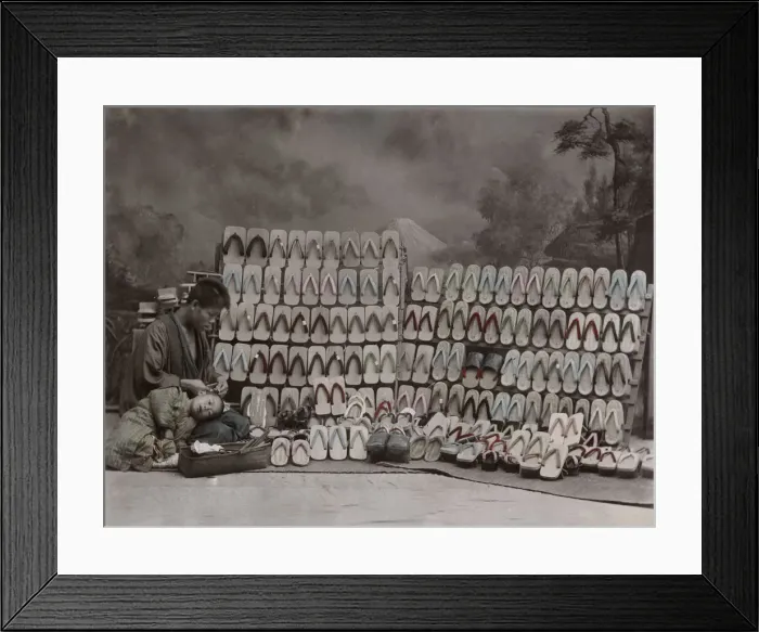 Framed Print : Display of wooden clogs shoes, studio scene of shop Framed Print : Display of wooden clogs shoes, studio scene of shop
