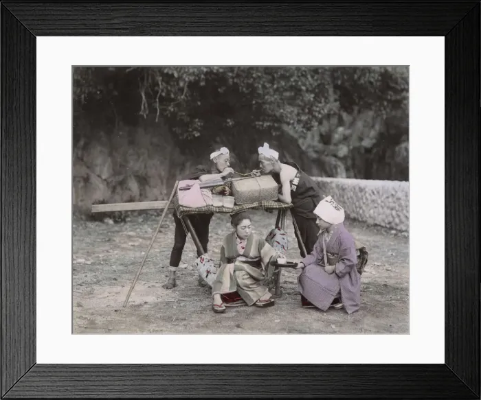 Framed Print : Woman being carried in kago, carrying chair, served tea Framed Print : Woman being carried in kago, carrying chair, served tea