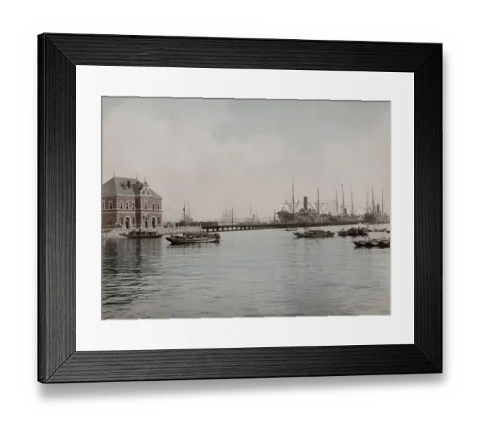Framed Print : Shipping on pier beside customs house, Yokohama, Japan Framed Print : Shipping on pier beside customs house, Yokohama, Japan