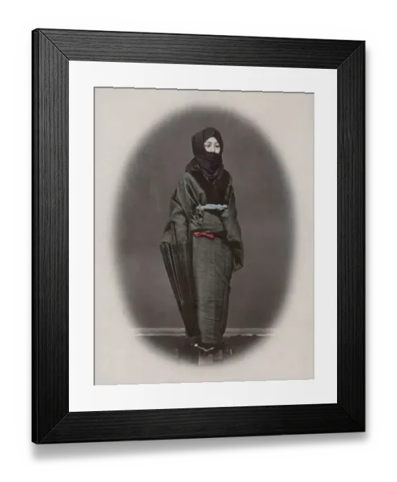 Framed Print : Musume / young woman, winter dress with umbrella, Japan Framed Print : Musume / young woman, winter dress with umbrella, Japan