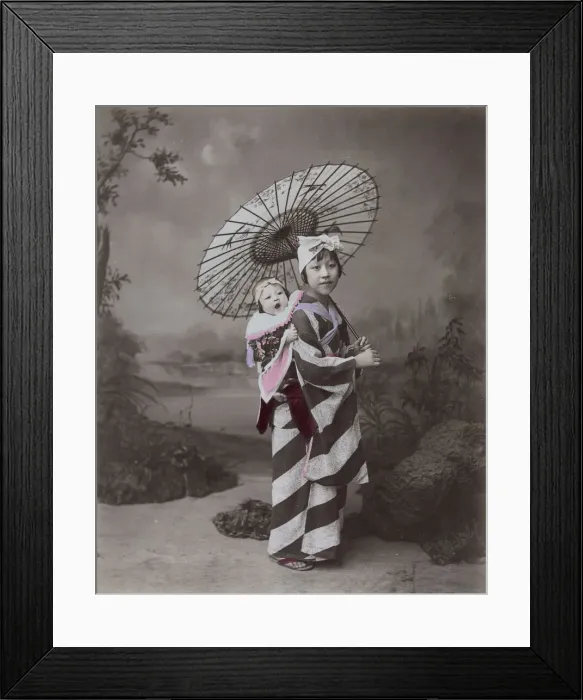 Framed Print : Young woman or nurse / nanny carrying a baby, Japan Framed Print : Young woman or nurse / nanny carrying a baby, Japan