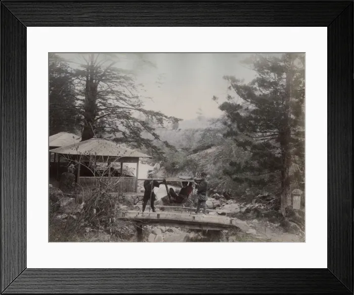 Framed Print : Carrying chair, kago crossing a birdge, Gamman, Nikko