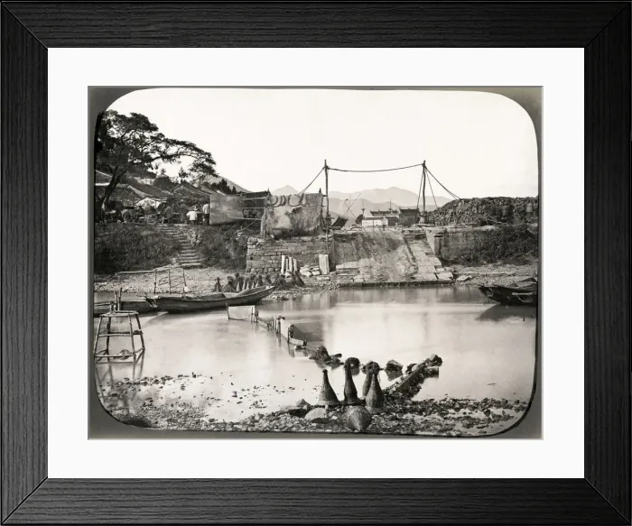 Framed Print : River scene, wharves with boat, near Shanghai, China Framed Print : River scene, wharves with boat, near Shanghai, China