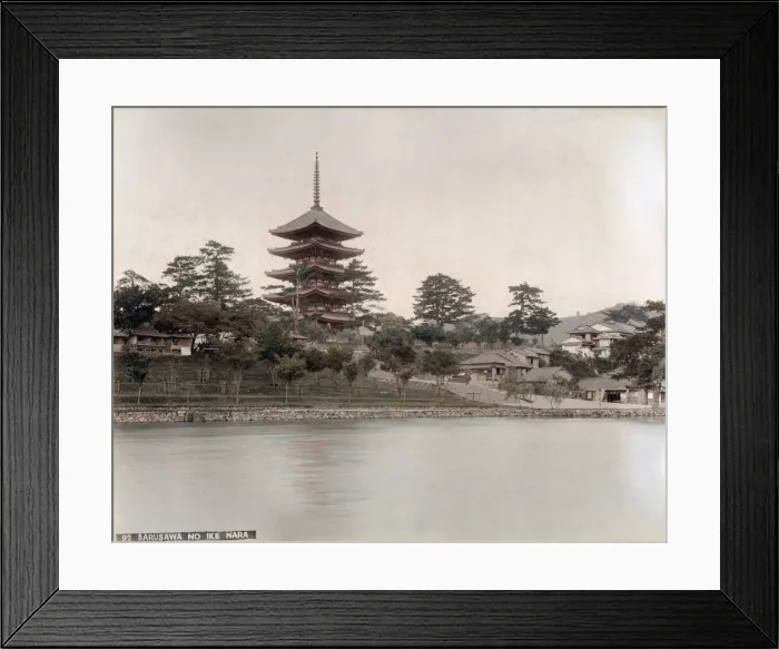 Framed Print : c. 1880s Japan - lake and temple at Nara Framed Print : c. 1880s Japan - lake and temple at Nara