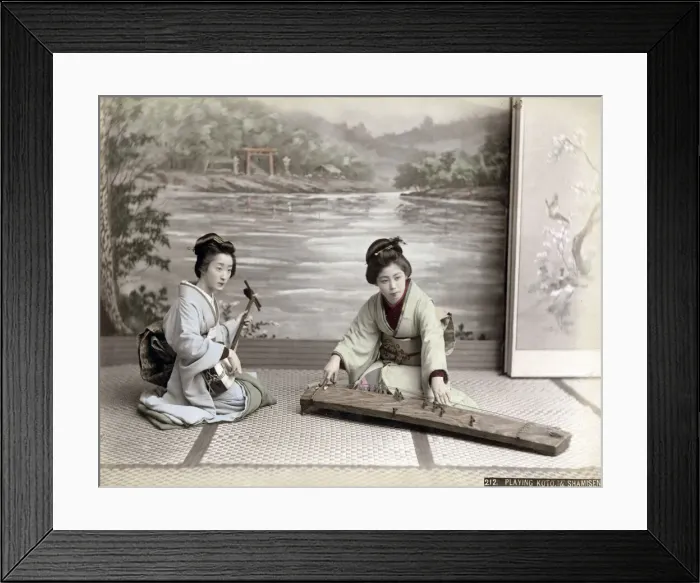 Framed Print : c. 1880s Japan - geishas playing musical instruments Framed Print : c. 1880s Japan - geishas playing musical instruments
