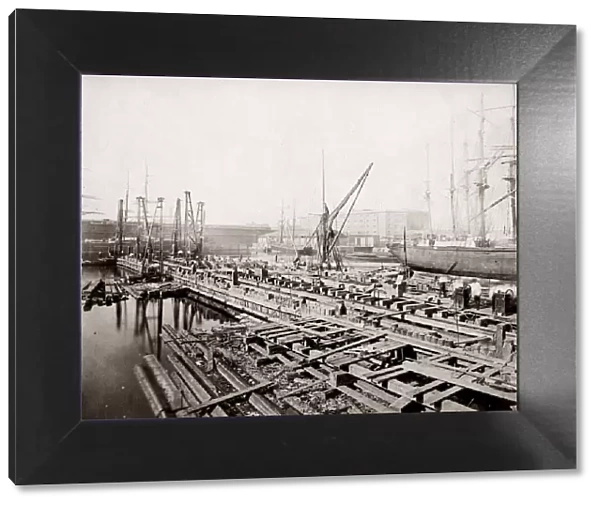 c. 1880s - dockyard scene, probably London, with cranes