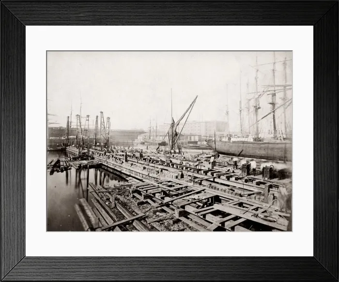 Framed Print : c. 1880s - dockyard scene, probably London, with cranes Framed Print : c. 1880s - dockyard scene, probably London, with cranes
