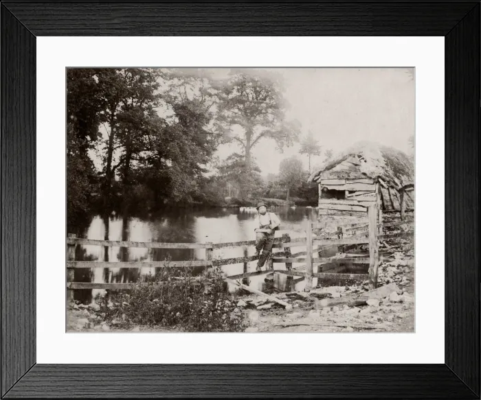 Framed Print : c. 1860s - English rural scene - farmer on gate by river Framed Print : c. 1860s - English rural scene - farmer on gate by river