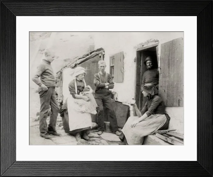 Framed Print : Fishing family outside their cottage, Staithes, Yorkshire Framed Print : Fishing family outside their cottage, Staithes, Yorkshire