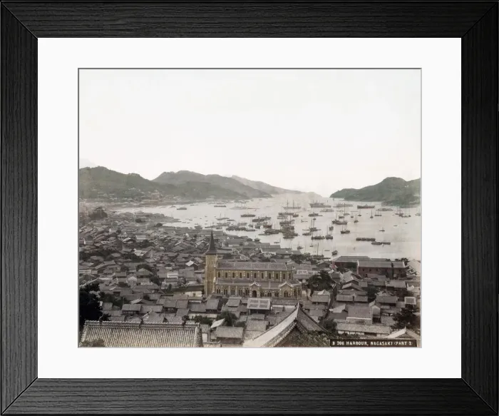 Framed Print : c. 1890s - Japan - harbour at Nagasaki with cathedral Framed Print : c. 1890s - Japan - harbour at Nagasaki with cathedral