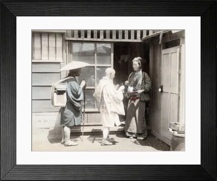 Framed Print : c. 1880s Japan - pilgrims begging for alms Framed Print : c. 1880s Japan - pilgrims begging for alms