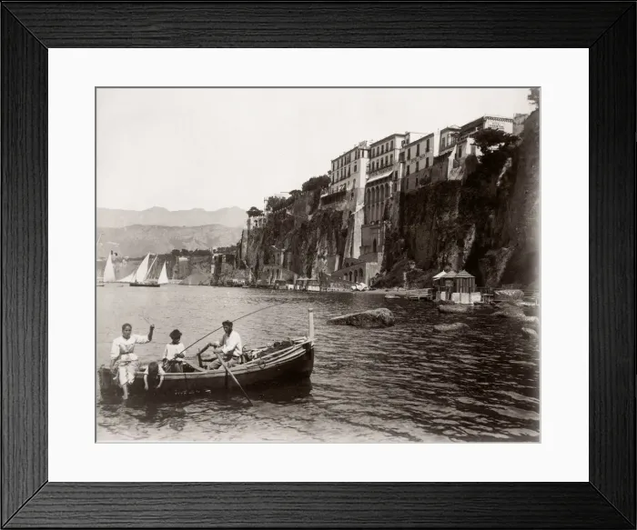 Framed Print : c. 1880s Italy - boat in the water, cliffs at Sorrento Framed Print : c. 1880s Italy - boat in the water, cliffs at Sorrento