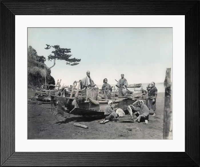 Framed Print : c. 1880s Japan - fishermen and their boat Framed Print : c. 1880s Japan - fishermen and their boat