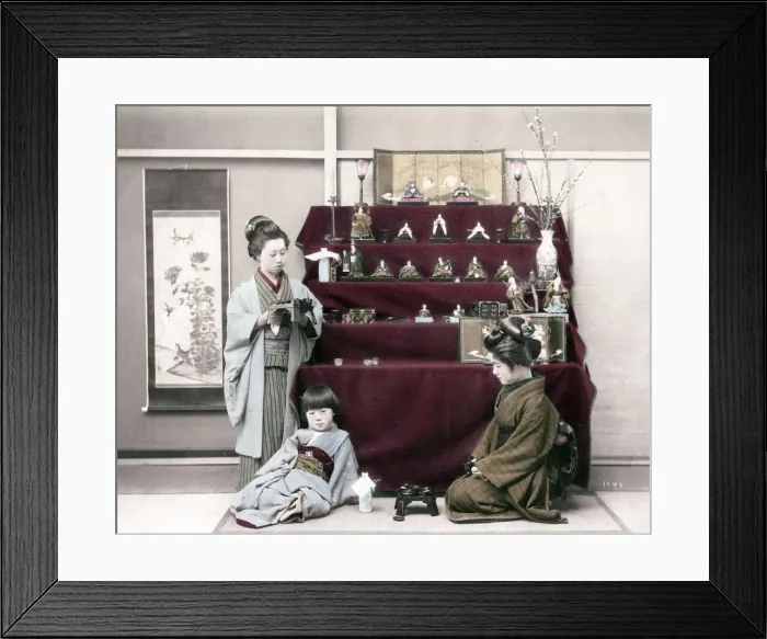 Framed Print : c. 1880s Japan - girls with display stand for statues Framed Print : c. 1880s Japan - girls with display stand for statues