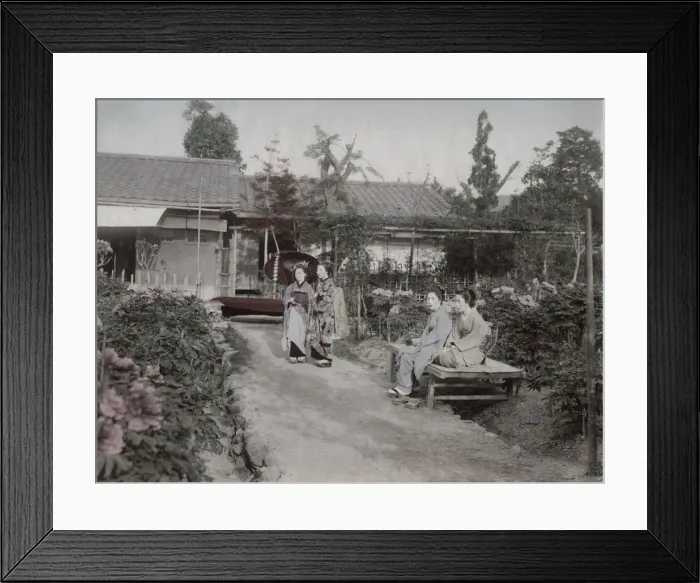 Framed Print : Young women sitting in a flower garden, Japan Framed Print : Young women sitting in a flower garden, Japan
