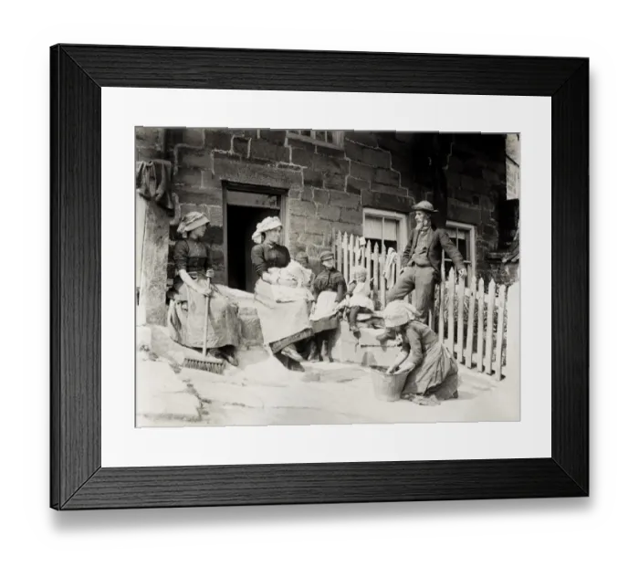 Framed Print : Working family outside cottage Runswick Bay Yorkshire Framed Print : Working family outside cottage Runswick Bay Yorkshire