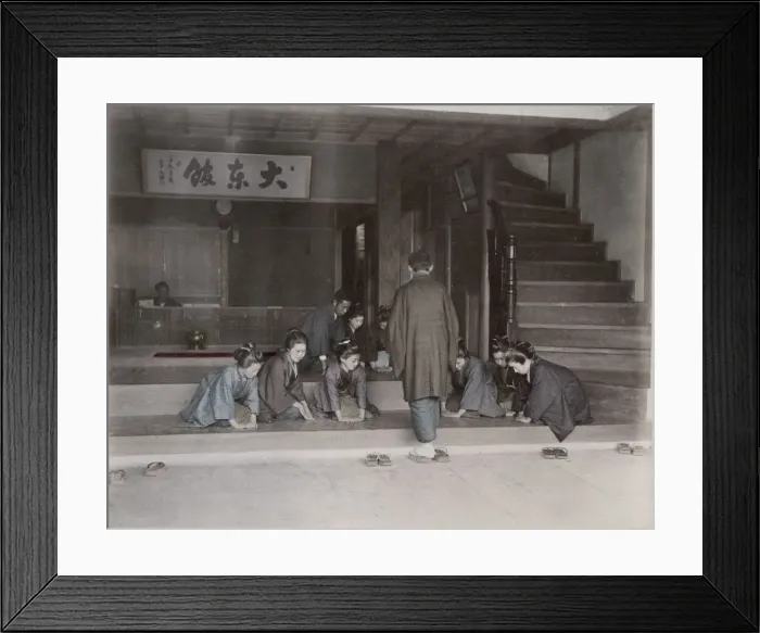 Framed Print : Guest being welcomed formally into a hotel, Japan Framed Print : Guest being welcomed formally into a hotel, Japan