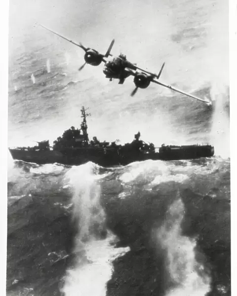 World War II B25 bomber attacks Japanese ship
