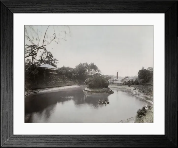 Framed Print : Boat on a lake with factory probably Yokohama, Japan Framed Print : Boat on a lake with factory probably Yokohama, Japan