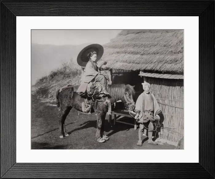 Framed Print : Woman of a horse being led by a farmer, Japan Framed Print : Woman of a horse being led by a farmer, Japan