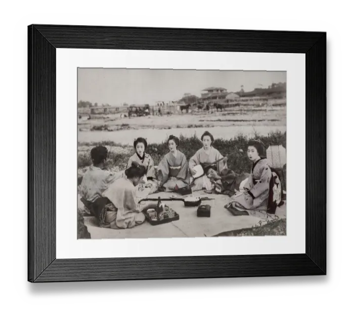 Framed Print : Group of geishas musicians on picnic with man, Japan Framed Print : Group of geishas musicians on picnic with man, Japan