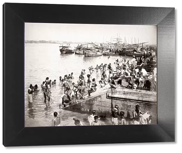 c. 1880s India - bathing at river ghat probably Calcutta Kolk
