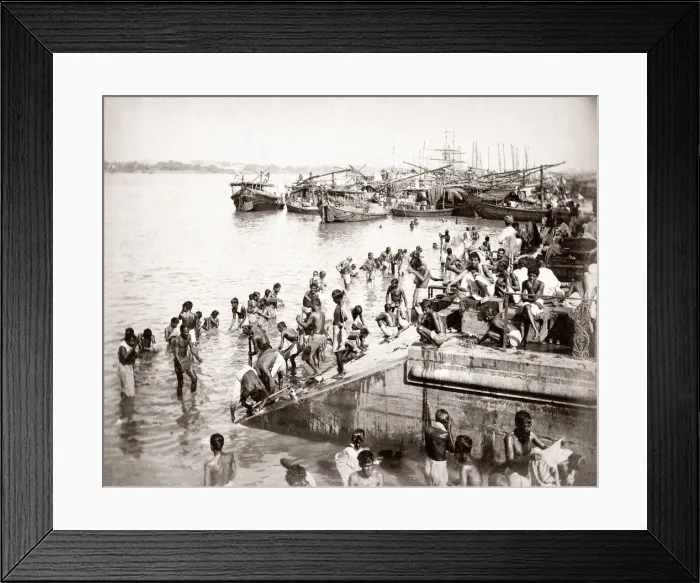 Framed Print : c. 1880s India - bathing at river ghat probably Calcutta Kolk Framed Print : c. 1880s India - bathing at river ghat probably Calcutta Kolk