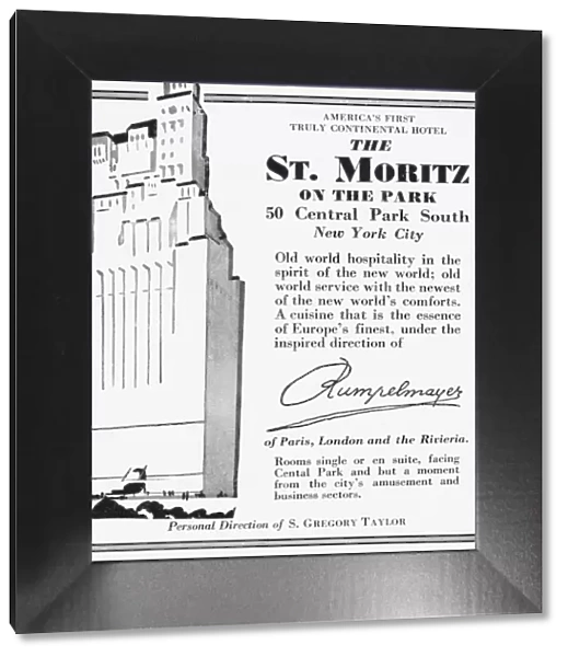 Advert for The St Mortitz on the Park Hotel, New York, 1931