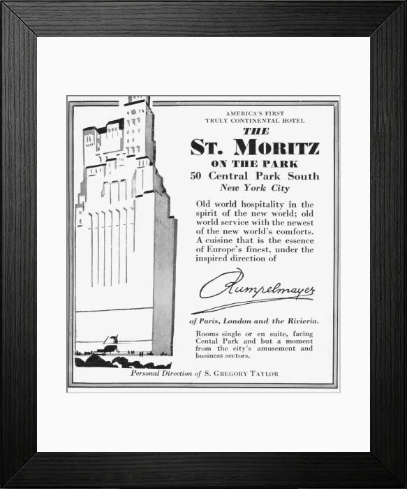 Framed Print : Advert for The St Mortitz on the Park Hotel, New York, 1931 Framed Print : Advert for The St Mortitz on the Park Hotel, New York, 1931