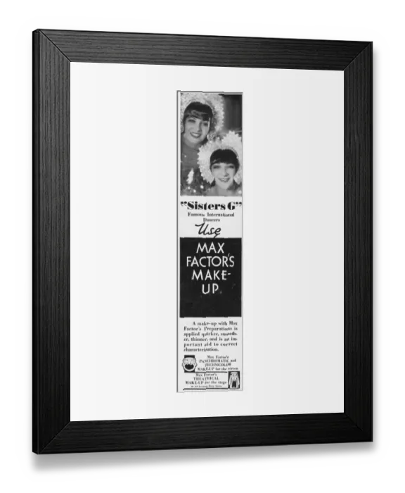 Framed Print : Advert for Max Factors makeup featuring the Sisters G, 1930 Framed Print : Advert for Max Factors makeup featuring the Sisters G, 1930
