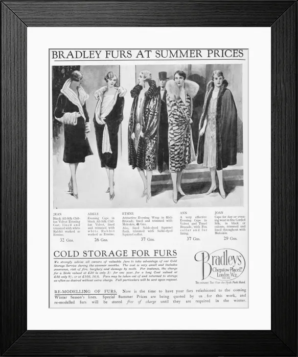 Framed Print : Advert for Bradleys fur coats, London, 1926 Framed Print : Advert for Bradleys fur coats, London, 1926