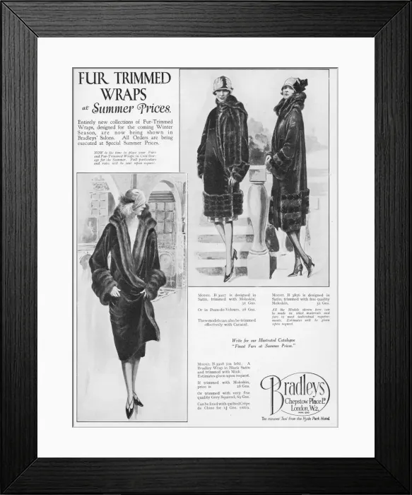Framed Print : Advert for Bradleys fur coats, London, 1926 Framed Print : Advert for Bradleys fur coats, London, 1926