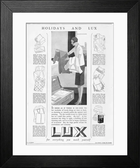 Framed Print : Advert for Lux, soap powder, with hints for holiday Framed Print : Advert for Lux, soap powder, with hints for holiday