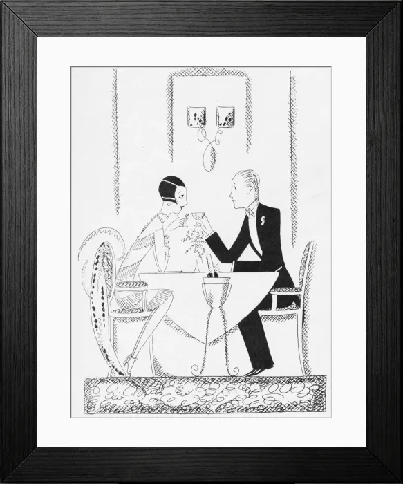 Framed Print : Sketch by Fish of couple having dinner and champagne Framed Print : Sketch by Fish of couple having dinner and champagne