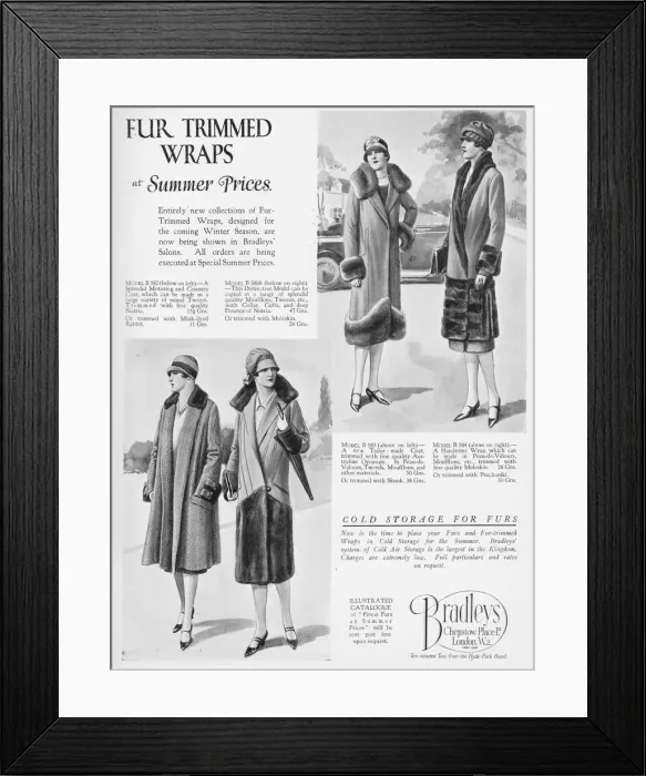 Framed Print : Advert for Bradleys fur coats, London, 1926 Framed Print : Advert for Bradleys fur coats, London, 1926