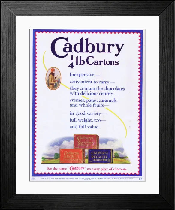 Framed Print : Advert for Cadbury Chocolate Cartons, 1926 Framed Print : Advert for Cadbury Chocolate Cartons, 1926
