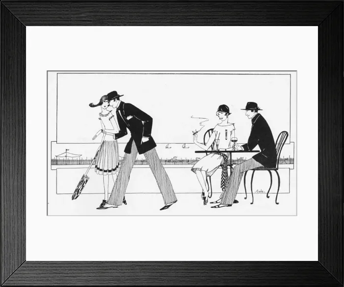 Framed Print : A sketch of a seaside promenade scene with two Framed Print : A sketch of a seaside promenade scene with two