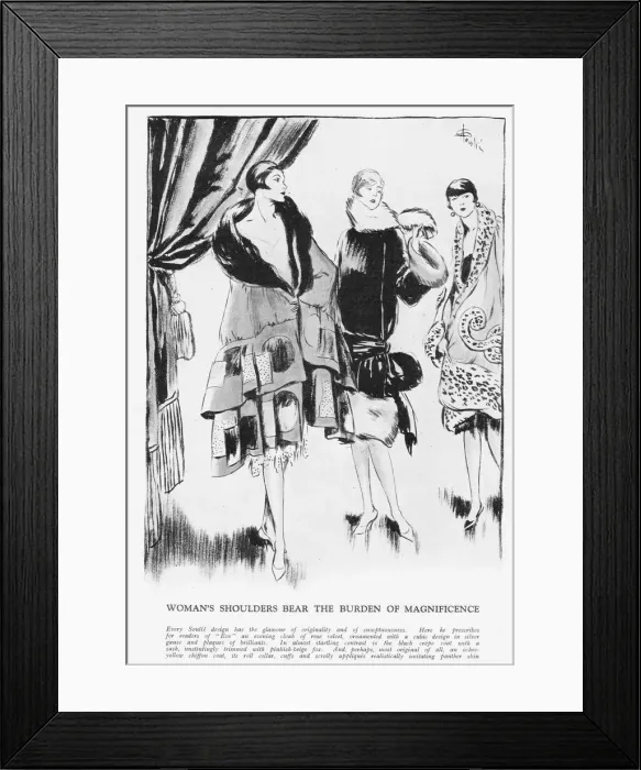 Framed Print : Sketch by Soulie of three sumptuous fur coats, Paris, 1926 Framed Print : Sketch by Soulie of three sumptuous fur coats, Paris, 1926