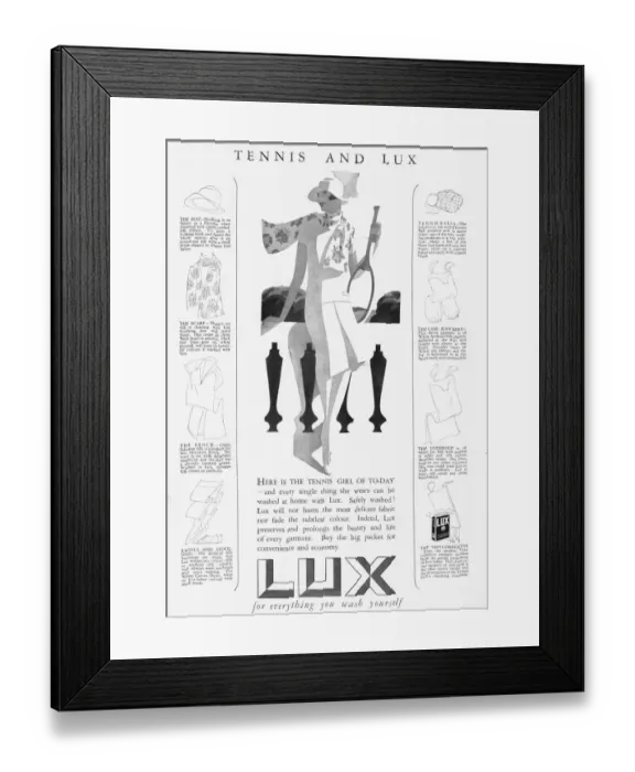 Framed Print : Advert for Lux, soap powder, featuring tennis wear, 1926 Framed Print : Advert for Lux, soap powder, featuring tennis wear, 1926