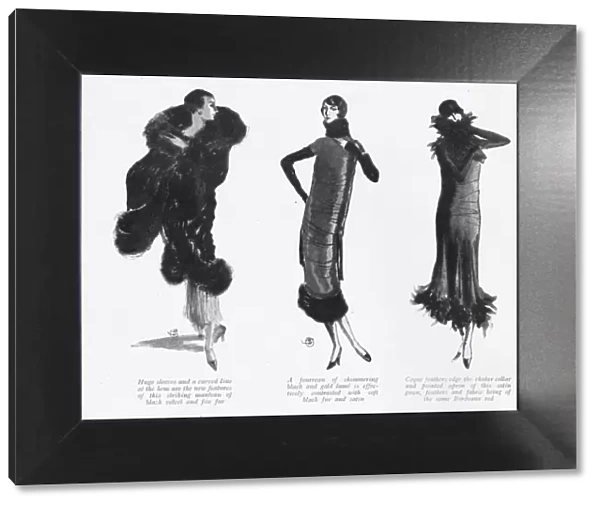 Three dramatic London fashions sketched by Porter Woodruff